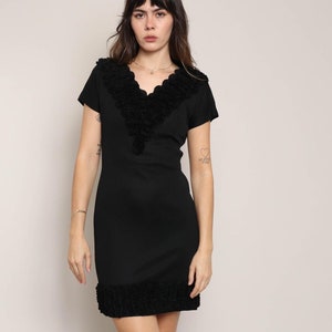 60s BLACK RUFFLE trim mod dress S / vintage 1960s all black dress with ruffle trim mod black midi dress small