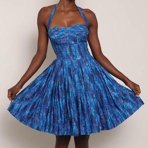 50s ALFRED SHAHEEN halter dress XS / 1950s Alfred Shaheen fit and flare dress Shaheen blue cotton sun dress cotton tiki dress extra small