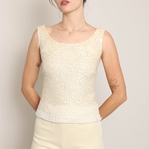 50s SEQUINED wool tank top S M / cream sequined tank top wool knit tank top beaded tank top sequined knit top cocktail tank top 1950s