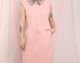 50s PERSIAN LAMB COLLAR pink suit M / thick pink wool jacket and skirt matching set with persian lamb color medium 1950s