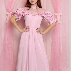 80s CHOKER TAFFETA dress XS / 1980s pink taffeta prom dress pink statement sleeve dress pink princess dress illusion lace dress extra small