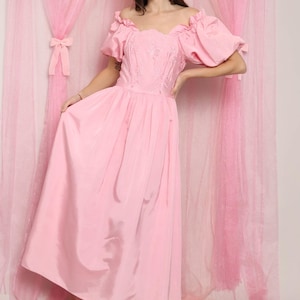 80s EMBROIDERED TAFFETA dress XS S / 1980s pink princess dress eyelet lace party dress puff sleeve taffeta gown off the shoulder party dress