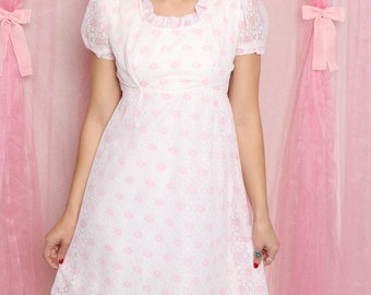 70er Jahre Pink Blumen Spitze Babydoll Mini Kleid, Größe XS