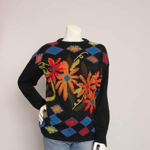 90s FLORAL ABSTRACT sweater S / 1990s Kitty Hawk Vivian Wang sweater cotton ramie sweater black floral sweater small 80s 1980s