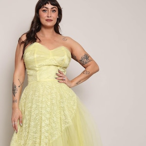 50s YELLOW TULLE chiffon gown M / 1950s yellow lace dress yellow prom dress yellow tulle dress yellow princess dress yellow party dress