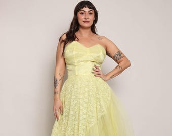 50er Jahre Gelbes Tüllkleid: Florale Spitze Prinzessin Abendkleid, Größe M