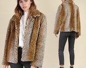 90s LEOPARD PRINT faux fur jacket animal cheetah print fuzzy coat 1990s