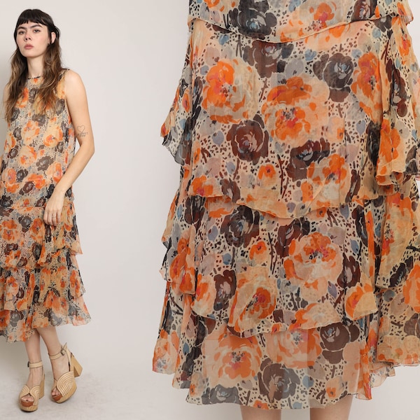 1920s FLORAL CHIFFON dress S / 1920s tiered chiffon dress sheer chiffon dress drop waist chiffon dres small