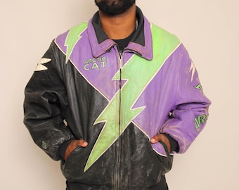 Kurtka skórzana Arctic Cat Racing z lat 90.: Vintage Arcticwear Conquer The Cold Lightning Bolt Coat