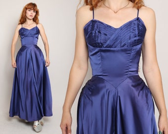 50s BLUE SATIN gown XS / spaghetti strap satin dress art deco dress 1950s blue satin ballgown satin cocktail party dress extra small