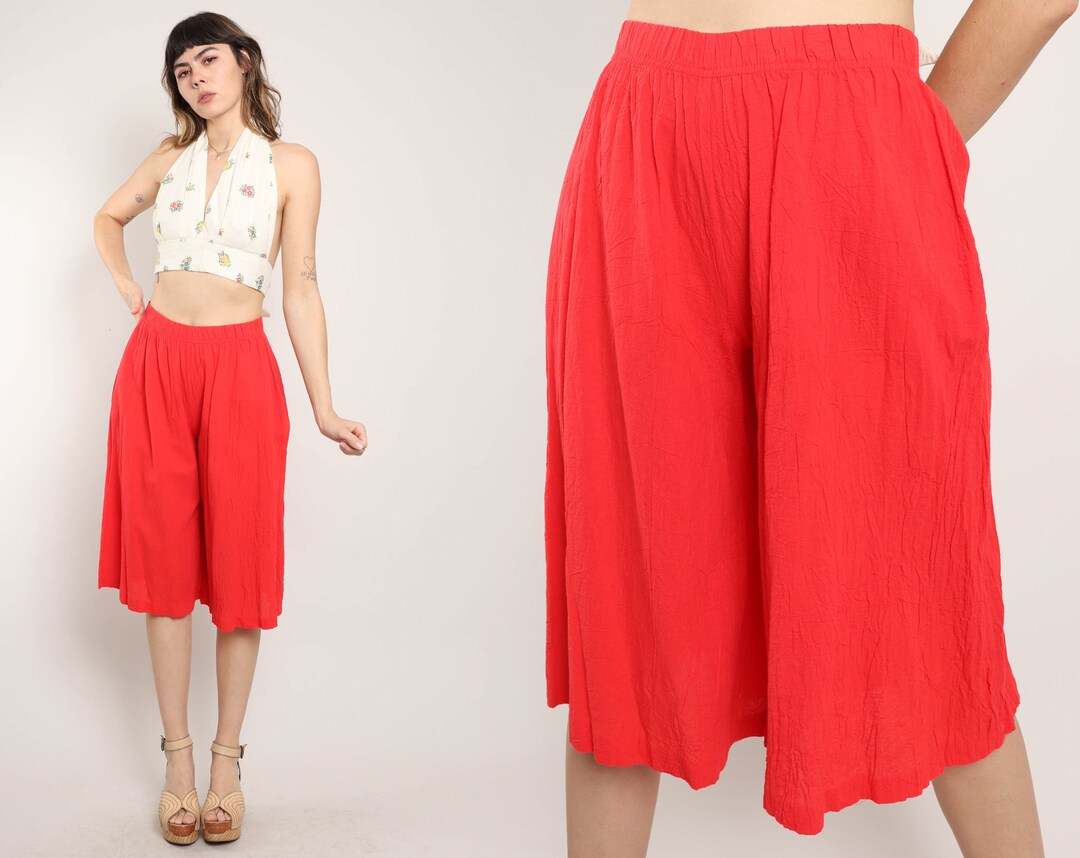 80s GAUZE COTTON Gaucho Shorts S / Amy Jess Red Wide Leg Cropped Shorts Red Gauze Cotton Shorts