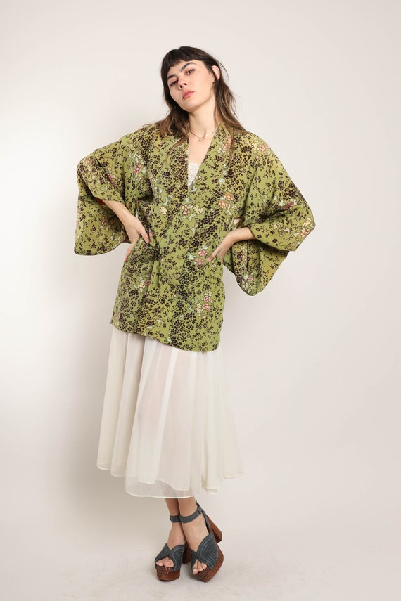 60s FLORAL SURPRISE haori jacket XS S M / green f… - image 4