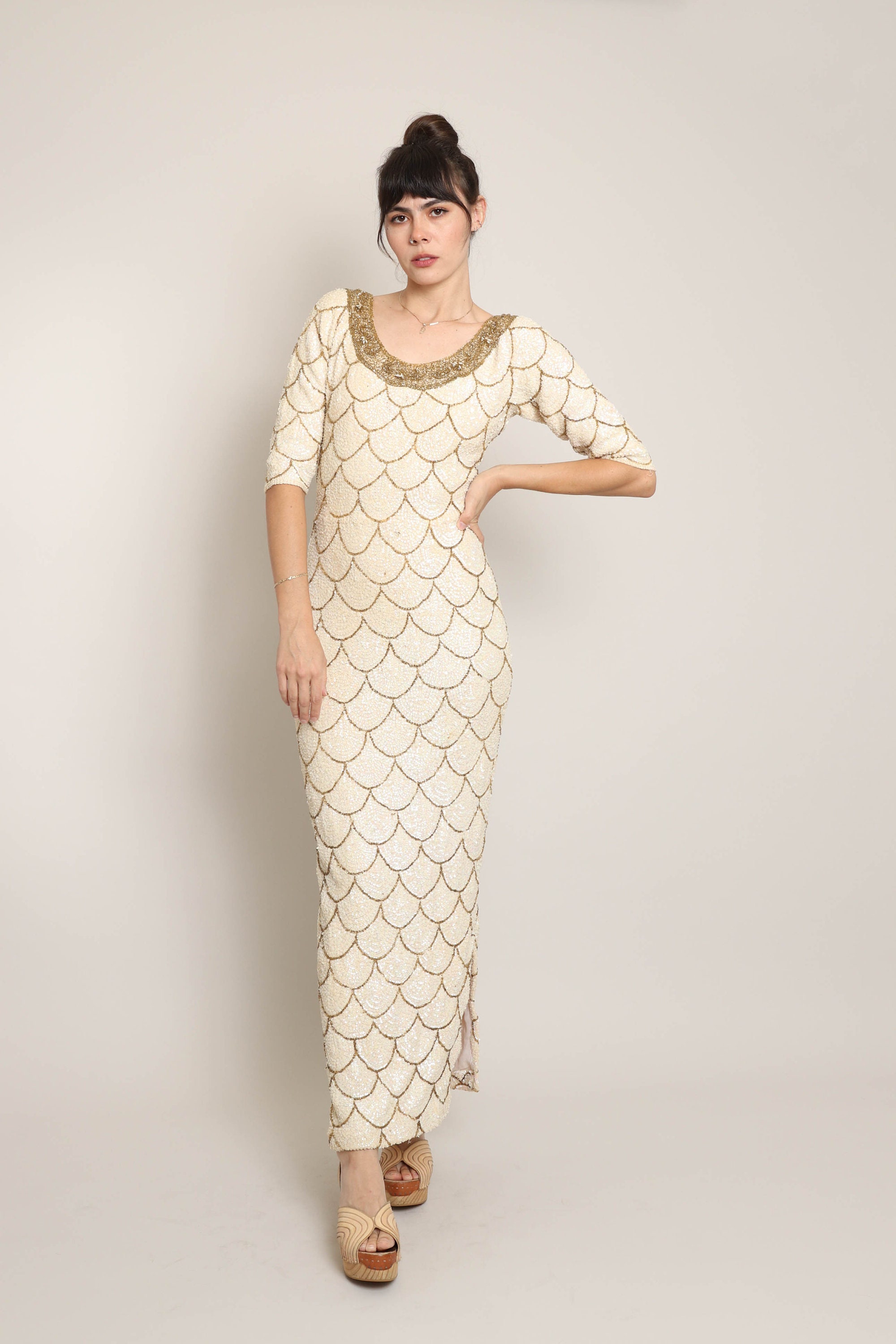 60s SCALLOPED SEQUINED dress S M / cream sequined knit gown beaded sequin wool knit dress fish scale sequined dress small medium 1960s