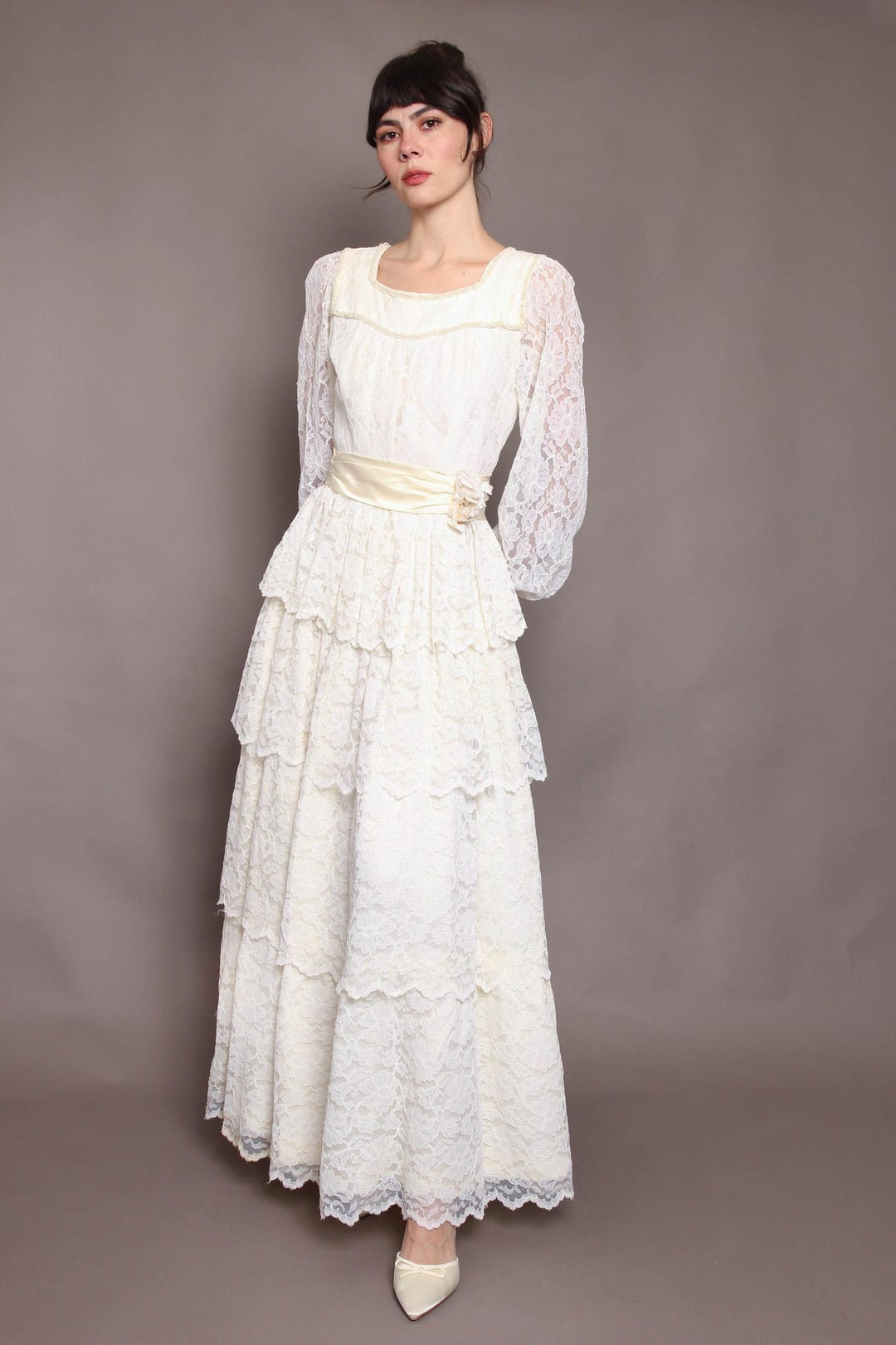 70s Tiered Scalloped Lace Wedding Dress Hippie Style, Size XS/S Etsy — free download