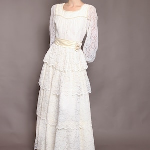70s TIERED LACE wedding dress XS S / 1970s hippie wedding dress scalloped lace wedding dress sheer long sleeve wedding dress extra small