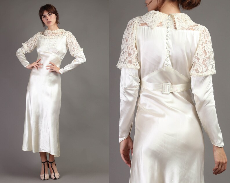 40s Satin Juliet Sleeve Lace Wedding Gown S Ivory Puff Etsy