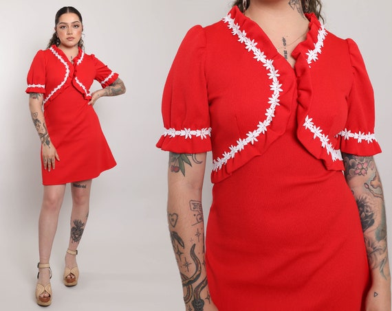 70s RED BABYDOLL dress S M / puff sleeve mod mini… - image 1