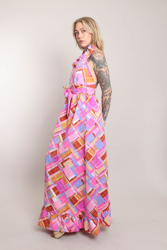 70s PINK MAXI wrap dress S / vivd pink abstract p… - image 6