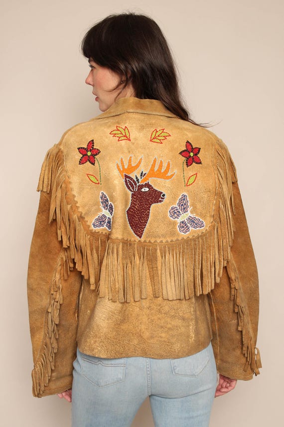 50s MOOSE HIDE Beaded Fringe Jacket / Vintage Butterfly Novelty