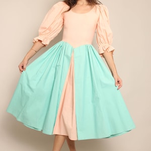 80s PUFF SLEEVE princess dress S / 1980s cotton prairie dress puff sleeve prairie dress tea length dress cotton party dress small
