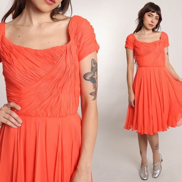 50s CEIL CHAPMAN dress XS / orange chiffon cocktail party dress ruched chiffon dress draped chiffon formal evening dress extra small 1950s