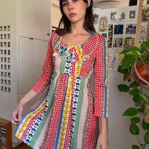 70s FLORAL GINGHAM mini dress S M / 1970s Lorna Fashions dress flutter collar mini dress mixed print mod mini dress mod babydoll dress 60s