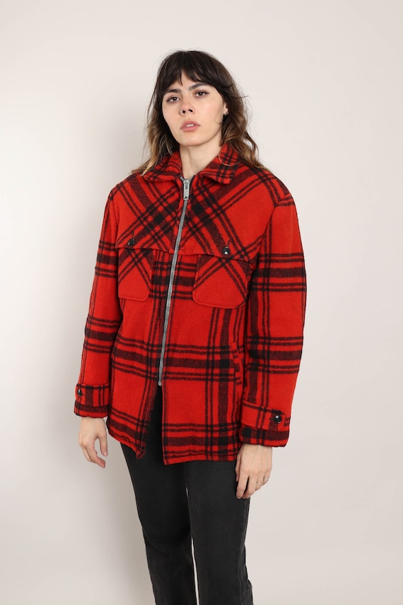 60s BRENT SPORTSMAN Jacket / Red Plaid Wool Jacket Hunting Jacket 