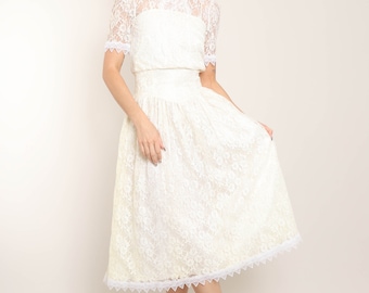 80s GUNNE SAX edwardian dress XS S / Gunne Sax by Jessica McClintock cream lace midi dress low waist dress drop waist dress extra small