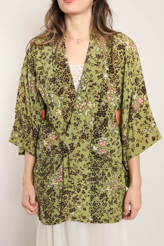 60s FLORAL SURPRISE haori jacket XS S M / green f… - image 5