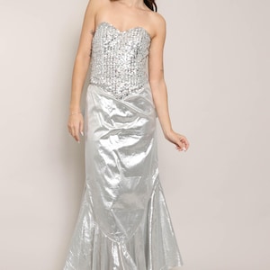 80s SILVER LAMÉ sequined dress S / 1980s silver prom dress silver sequined gown silver mermaid dress strapless metallic silver dress small