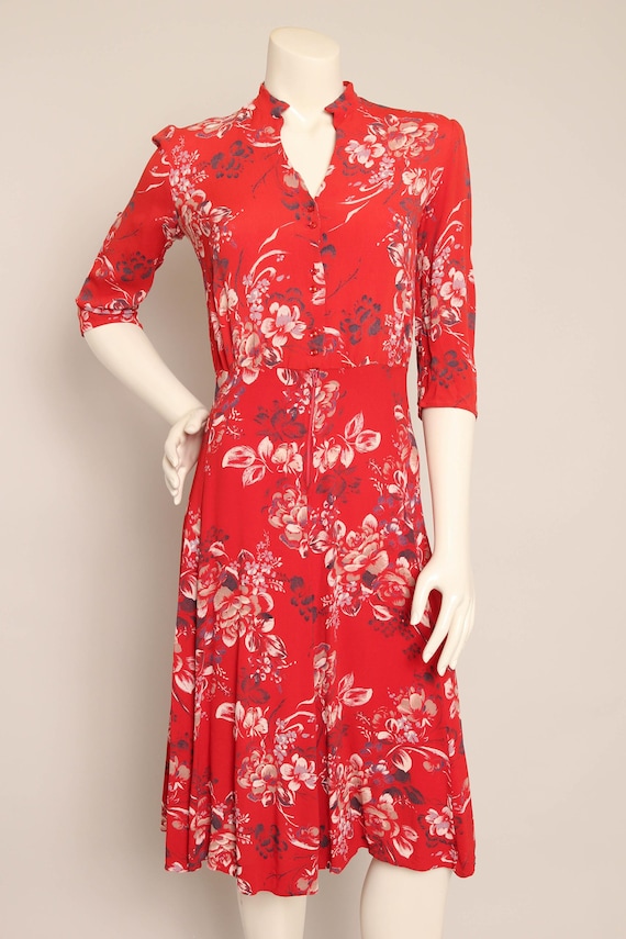 contempo casuals dress 80s 80s Contempo Casuals Floral Dress: 1940s Style Rayon Midi, Size XS/S