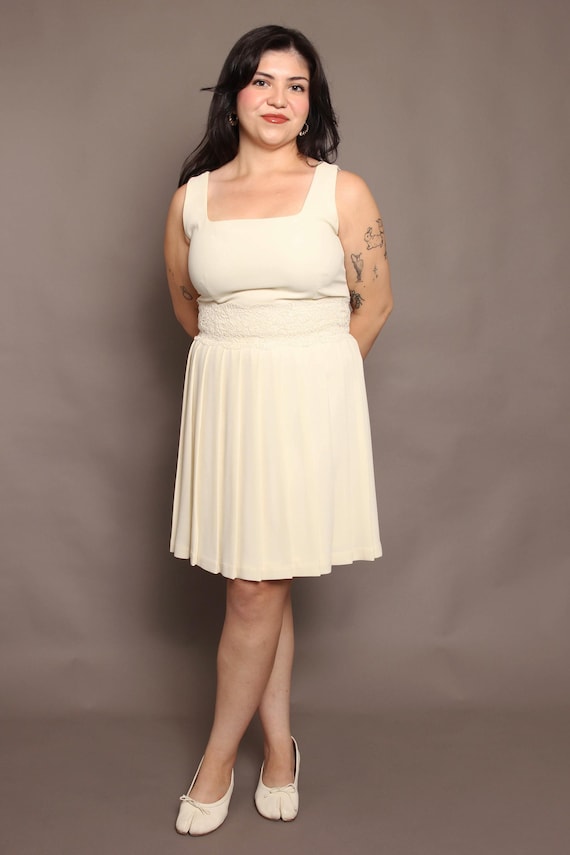 90s Pleated Tank Dress: Vintage Yves Cosette Depeche Mode Cream Dress, Size L