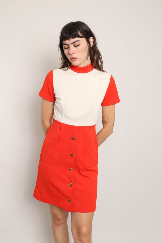 60s SPACE AGE dress S / red mod dress red steward… - image 4