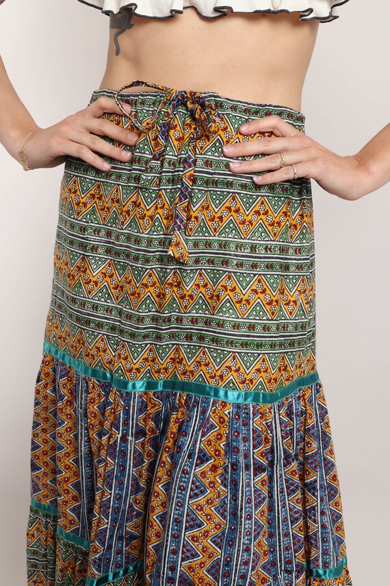 70s GEOMETRIC DRAWSTRING skirt XS S M / india gau… - image 5