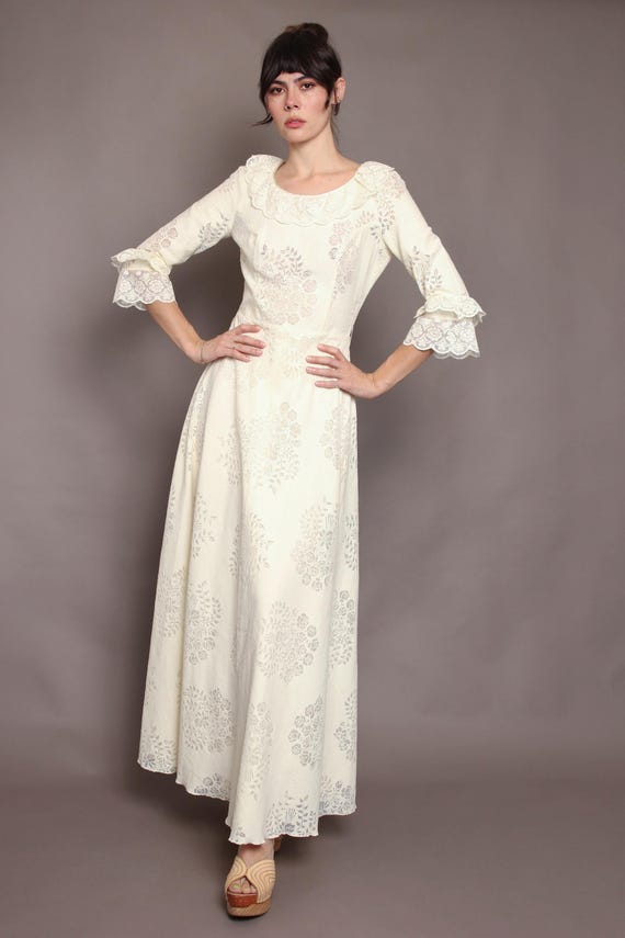 70s Floral Lace Maxi Dress: Vintage Bell Sleeve Wedding Gown, S/M - Etsy  Israel