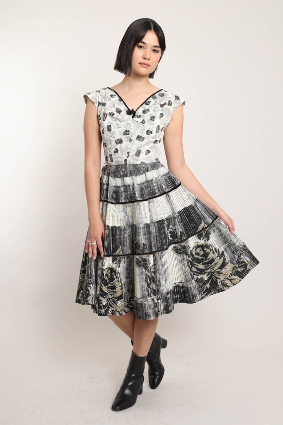 50s BLACK ROSE print dress XS / black and white b… - image 2