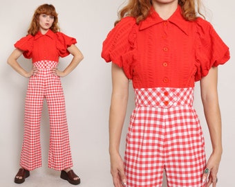 70er-Jahre-Jumpsuit mit Glockenboden, XS S / Jerell of Texas-Jumpsuit, roter Gingham-Jumpsuit, Puffärmel-Jumpsuit, Mod-Jumpsuit, klein, extra klein, 1970er Jahre