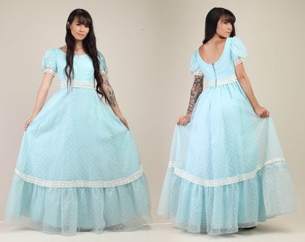 60s BLUE + CHIFFON princess gown XS / polka dot puff sleeve empire lace trim pastel prairie party dress / 1960s 70s 1970s / extra small
