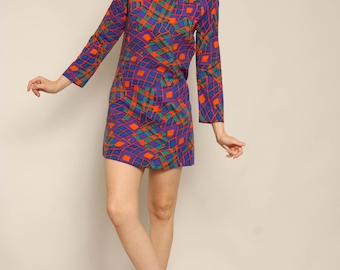 60s Colorful Psychedelic Knit Mini dress Size S M