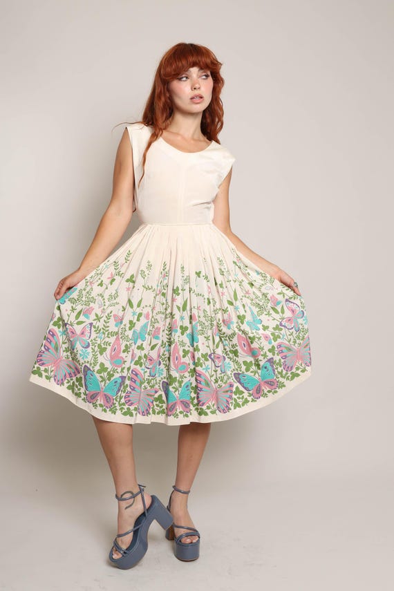 1950s Butterfly Print Dress: Pastel Floral Novelt… - image 3