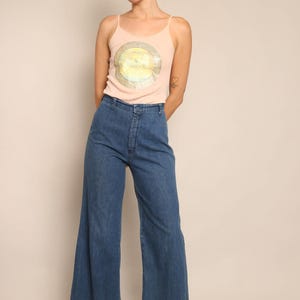 70s WIDE LEG bell bottom jeans 27 28 waist / 1970s bell bottoms high rise bell bottoms wide leg jeans wide leg denim pants small