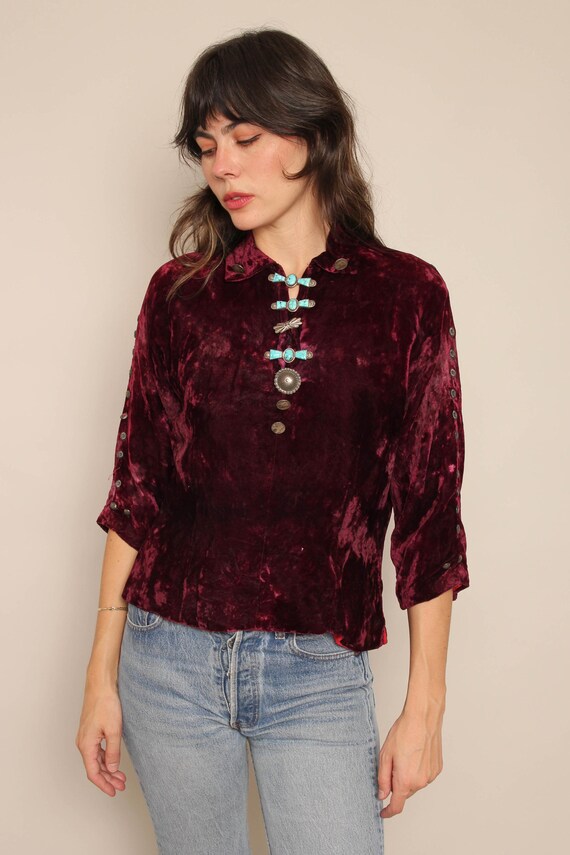 40s TURQUOISE NAVAJO velvet blouse / vintage velvet southwestern coin shirt sterling silver top