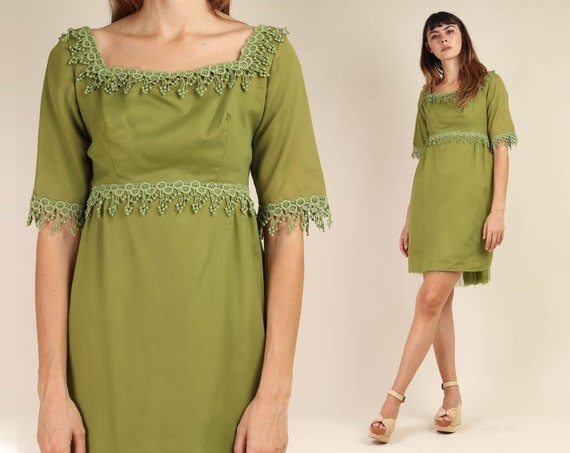 60s GREEN + CHIFFON dress S M / babydoll mini dres