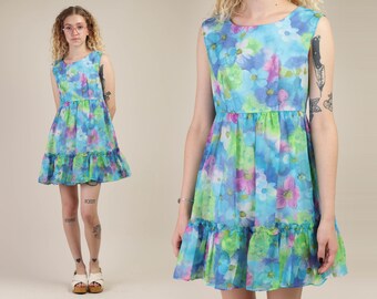 70s WATERCOLOR + CHIFFON mini dress S / etherial floral flutter ruffle tier empire babydoll sun dress / 1960s 60s 1970s / small