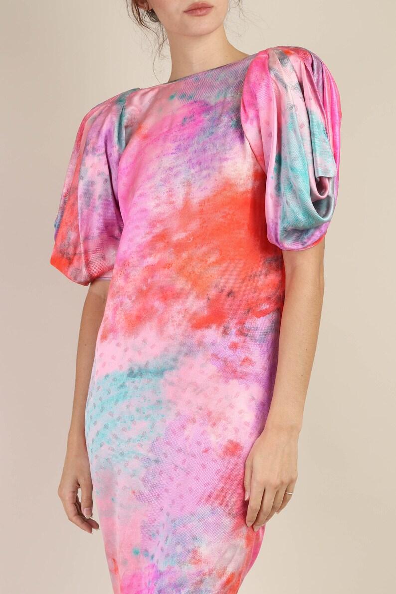 80s EMANUEL UNGARO silk dress XS cocoon draped avant garde puff sleeve pink rainbow galaxy print capriccio party 1980s extra small