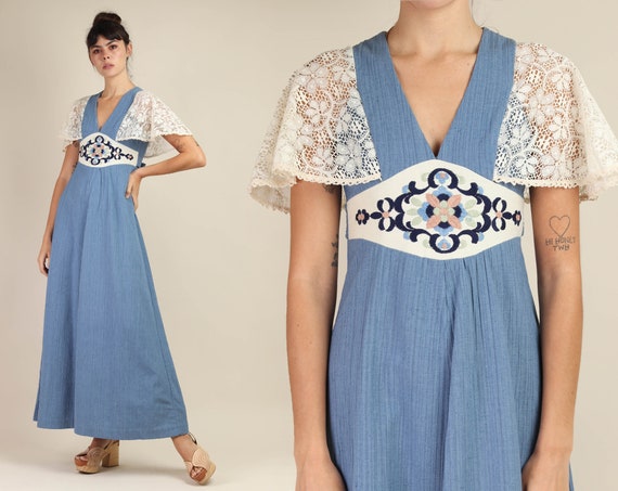 70s FLUTTER SLEEVE dress XS S / blue gauze maxi dr