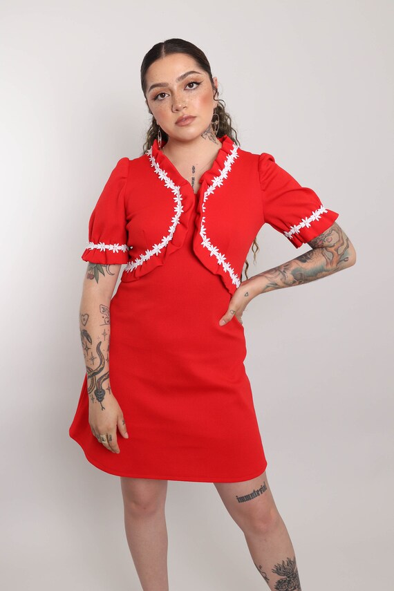 70s RED BABYDOLL dress S M / puff sleeve mod mini… - image 5
