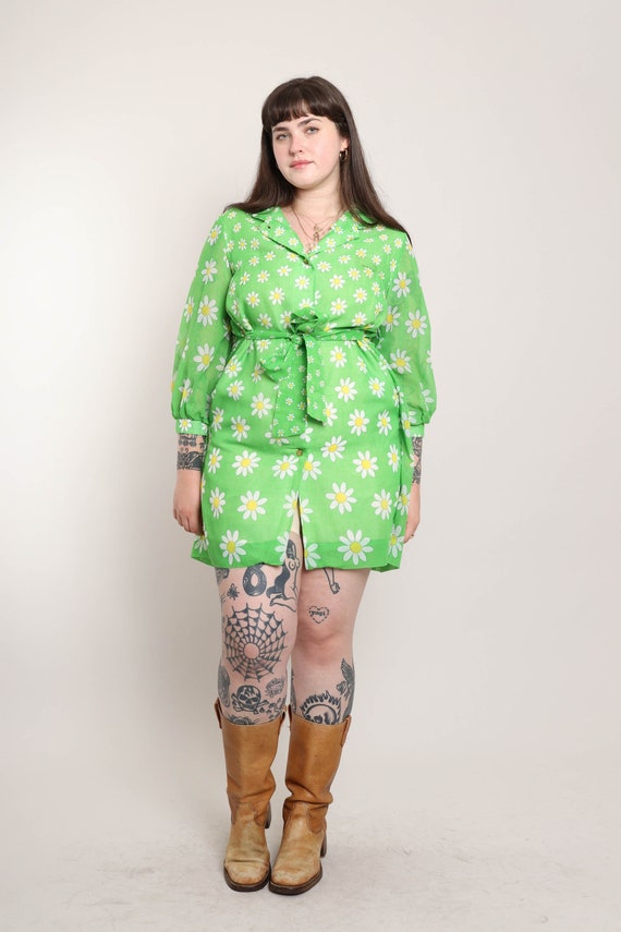 70s DAISY PRINT dress M L / Loungees green daisy … - image 2