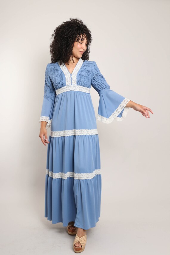 70s SMOCKED BELL SLEEVE dress M / blue bell sleev… - image 2