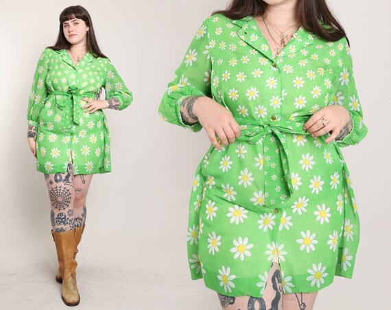 70s DAISY PRINT dress M L / Loungees green daisy … - image 1